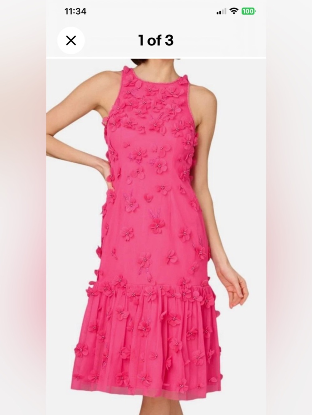 ISO Aidan Mattox Hot Pink 3D Floral Sleeveless Midi Dress
